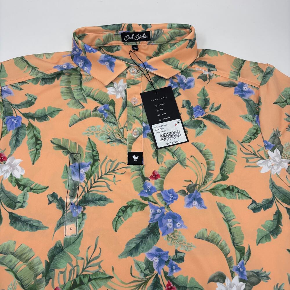 Bad Birdie Large Flora Fiesta‎ Orange Floral Short Sleeve Golf Polo Shirt NWT